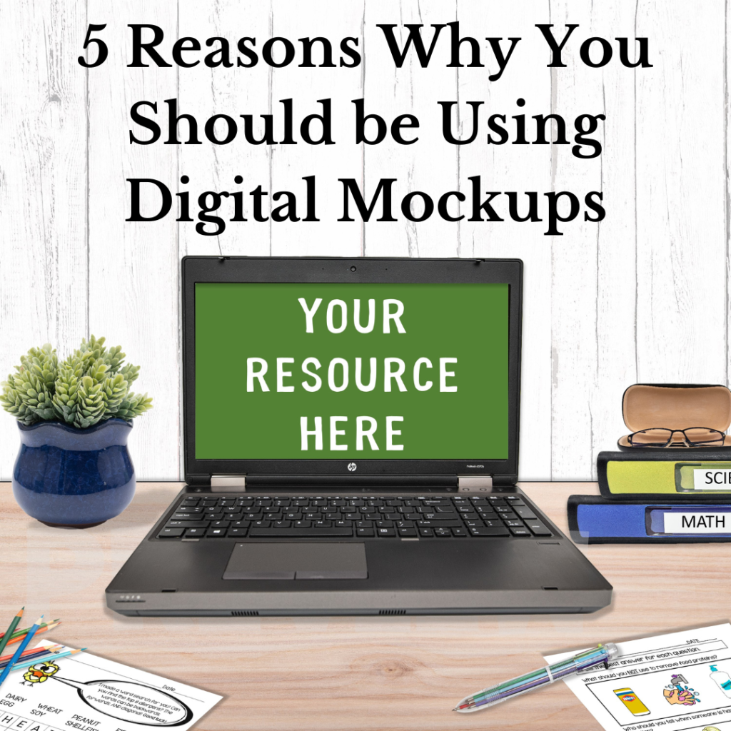 Image shows a laptop and sample mockup image with a blog post title about reasons why you should be using digital mockups in your business